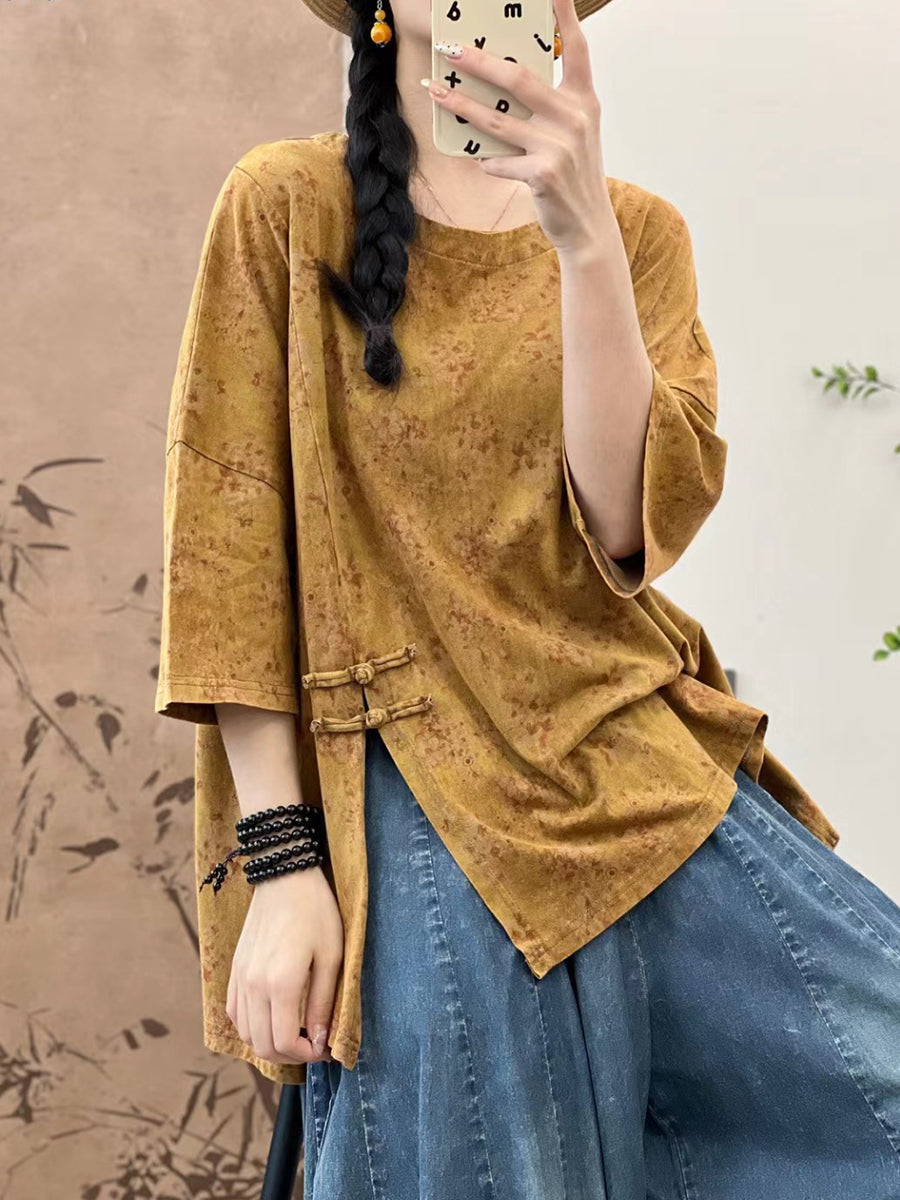 Women Summer Artsy Floral Split Hem Buckle Cotton Shirt IO1007