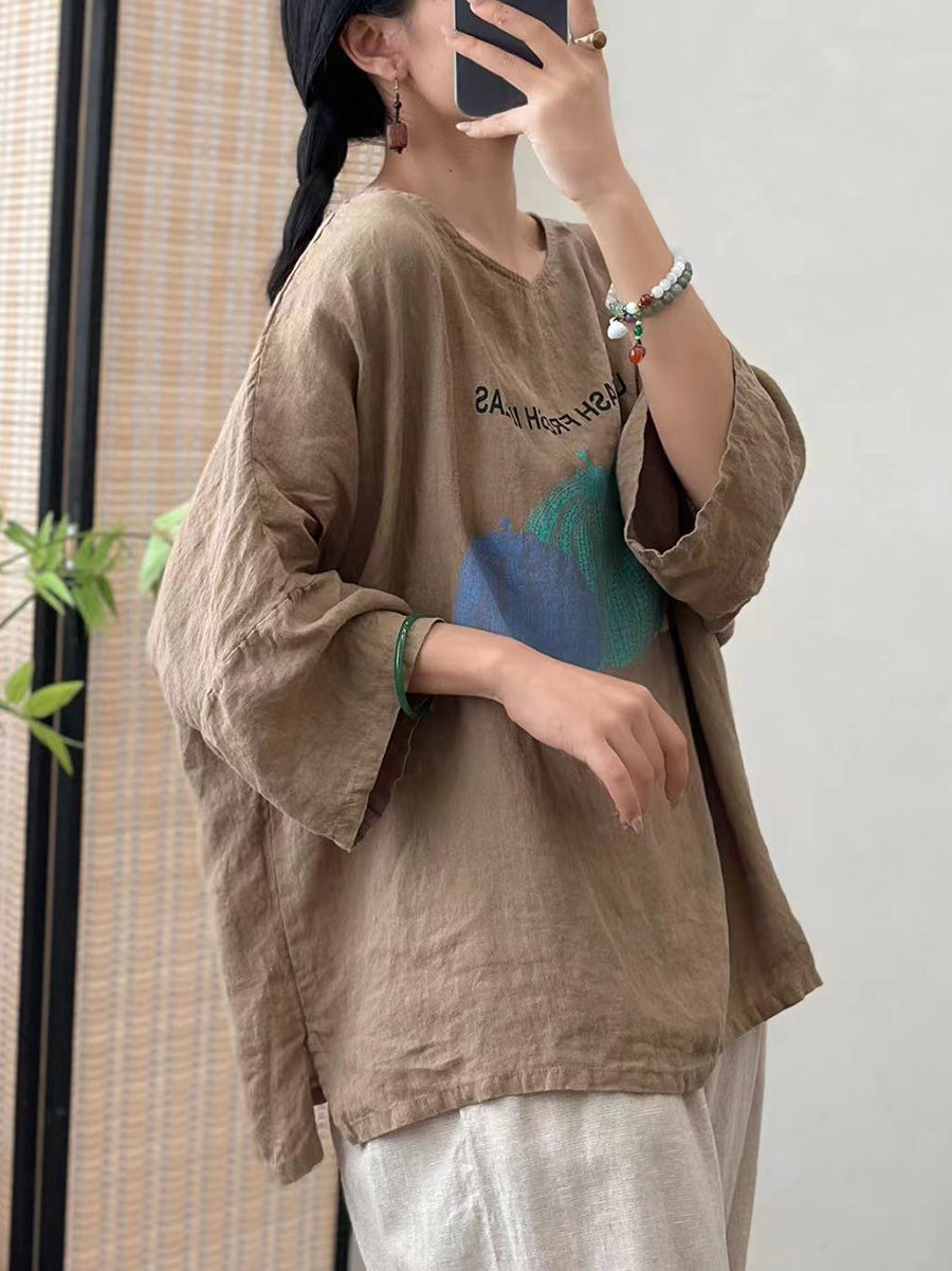 Women Summer Casual Pumpkin Print O-Neck Cotton Shirt IO1006