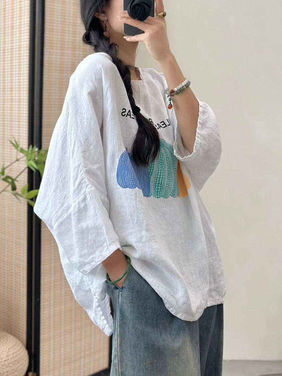 Women Summer Casual Pumpkin Print O-Neck Cotton Shirt IO1006