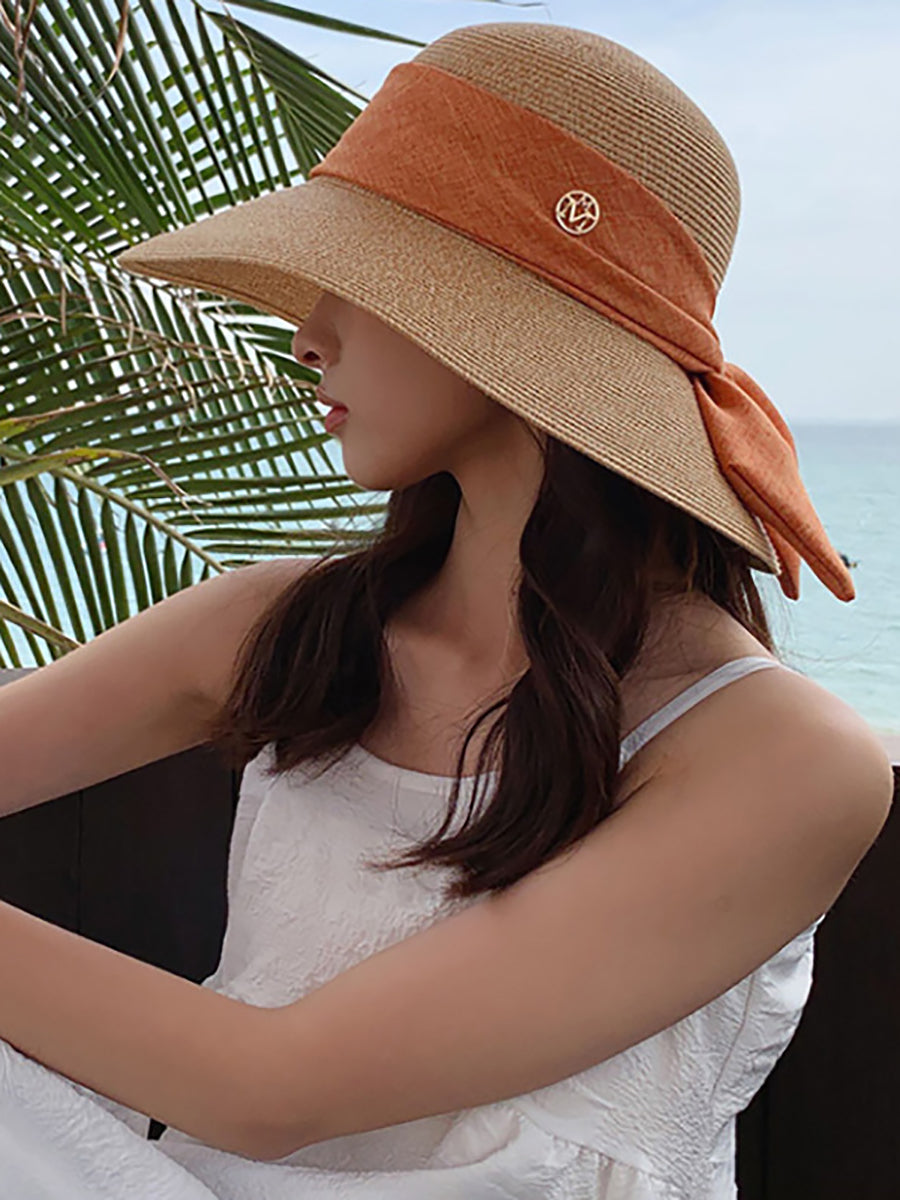 Women Summer Straw Colorblock Sunproof Travel Hat IO1025