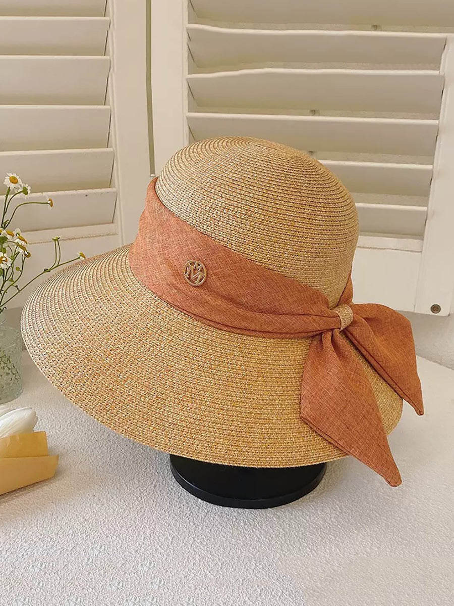 Women Summer Straw Colorblock Sunproof Travel Hat IO1025