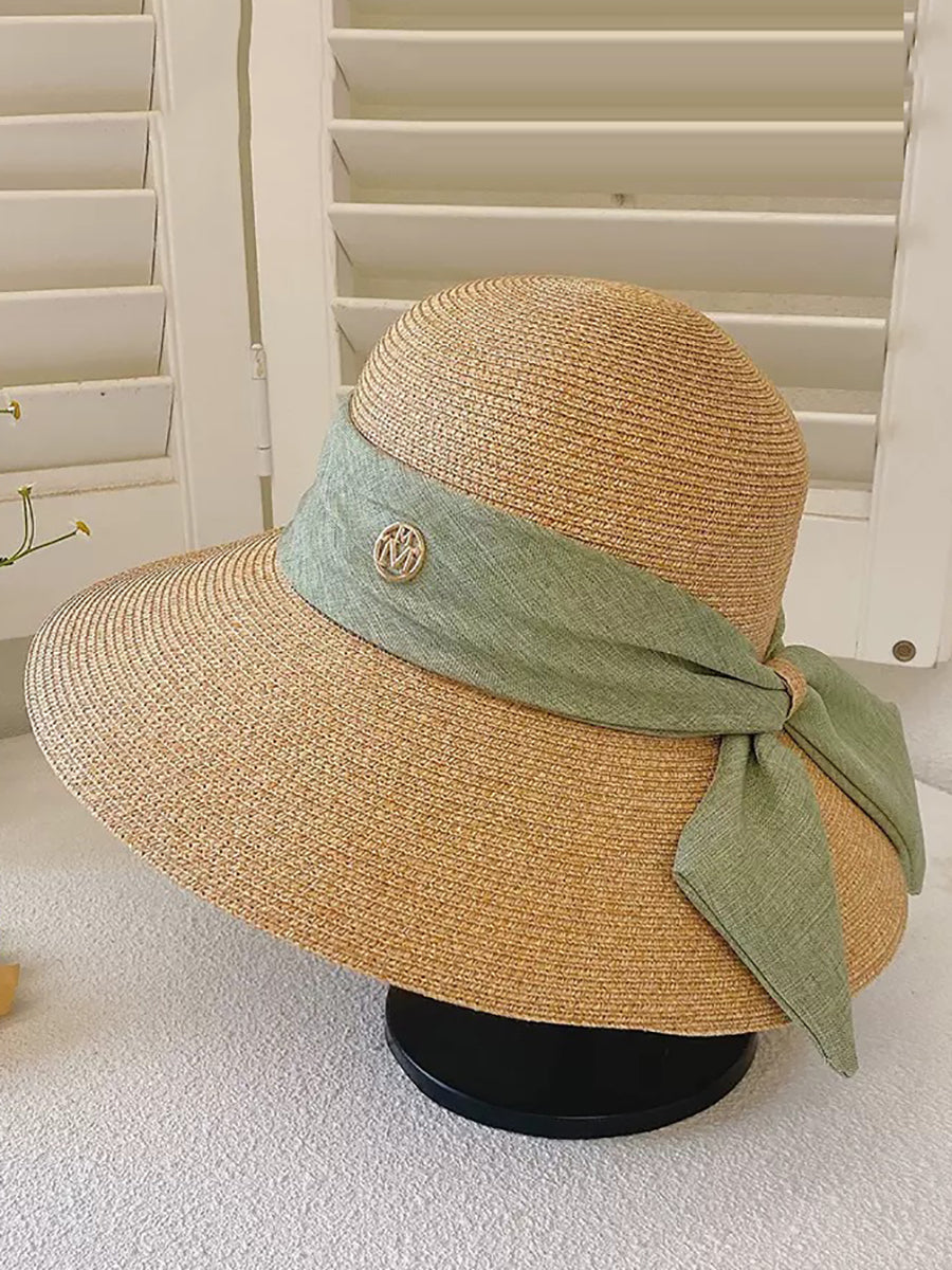 Women Summer Straw Colorblock Sunproof Travel Hat IO1025