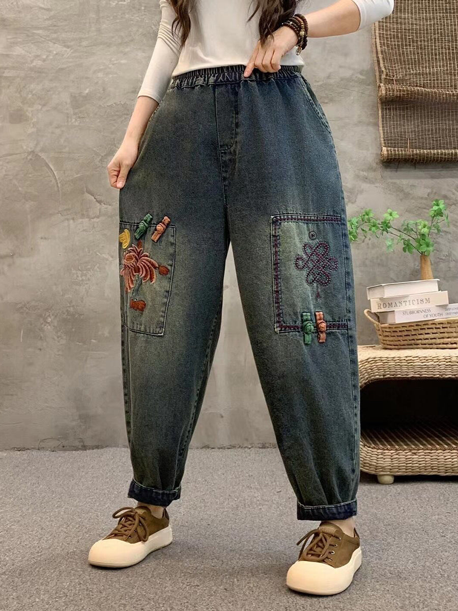 Women Summer Retro Flower Embroidery Denim Harem Pants IO1021