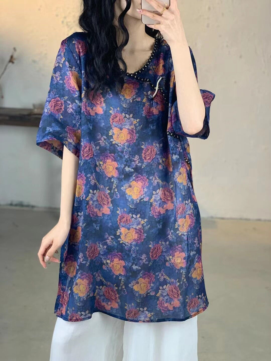 Women Summer Vintage Flower V-Neck Long Ramie Shirt IO1017