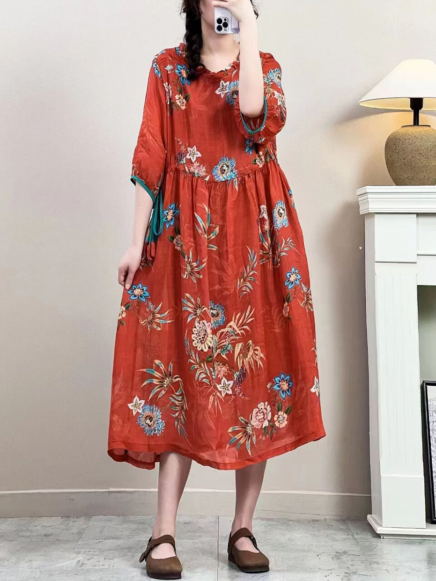 Robe d'été vintage à bretelles florales en ramie pour femmes IO1016