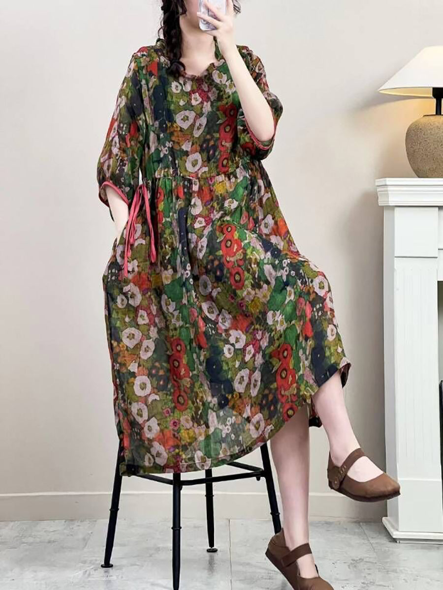 Robe d'été vintage à bretelles florales en ramie pour femmes IO1016