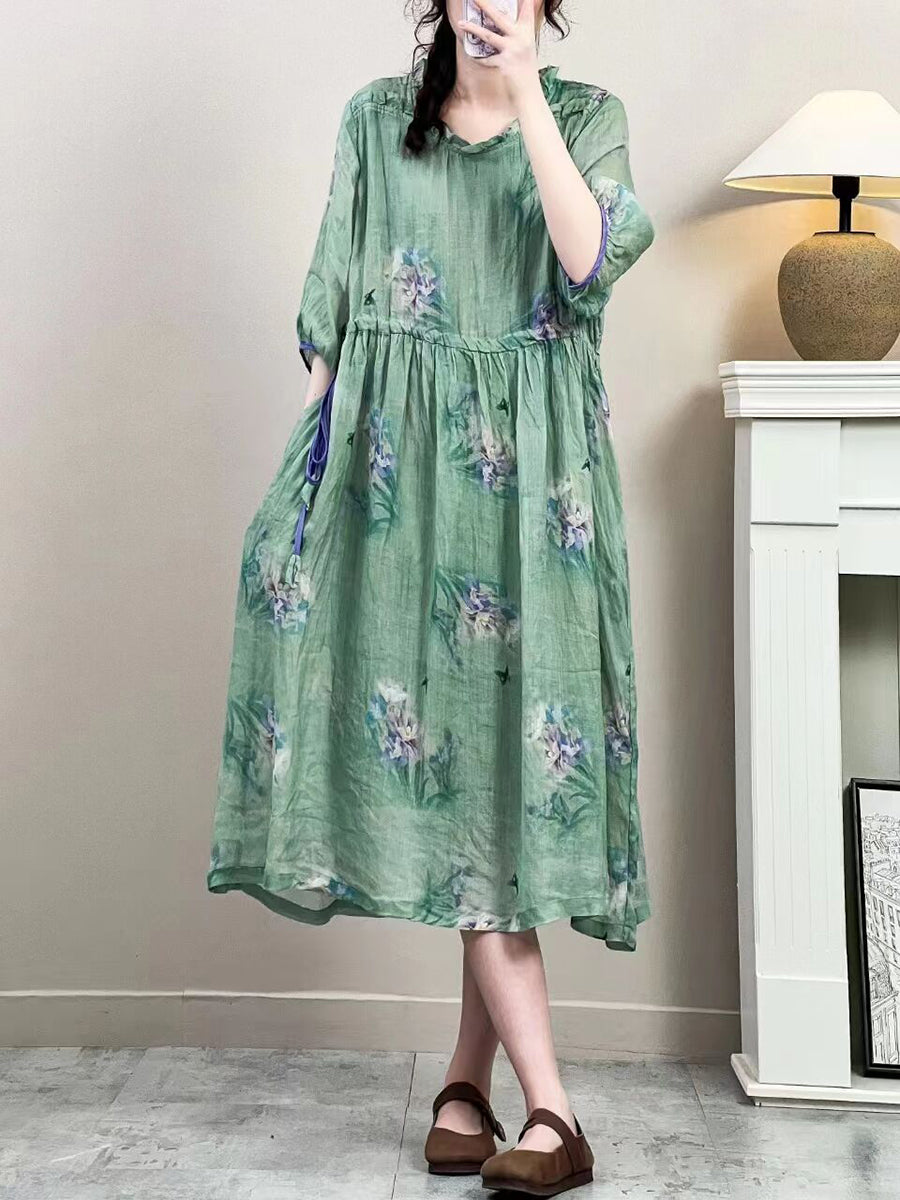 Robe d'été vintage à bretelles florales en ramie pour femmes IO1016