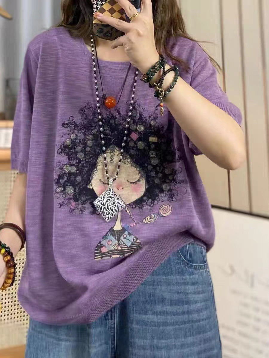 Women Summer Casual Print Knitted O-Neck Shirt AS1008