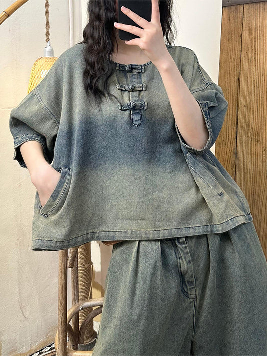 Women Summer Vintage Washed Denim Shirt AS1003