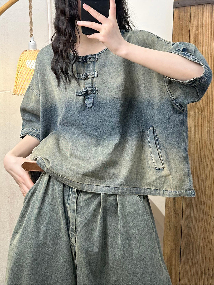 Chemise d'été en denim délavé vintage pour femme AS1003