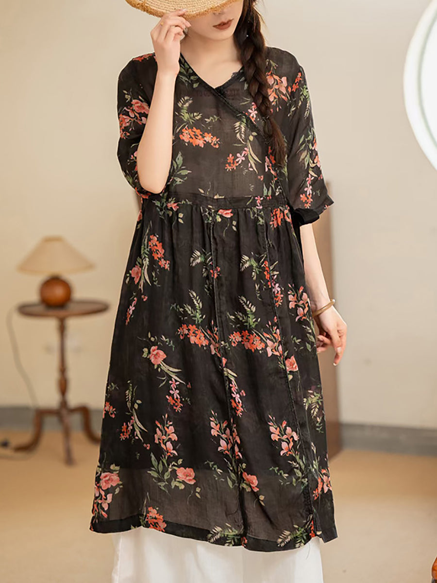 Women Summer Vintage Flower Strap V-Neck Ramie Dress AS1035