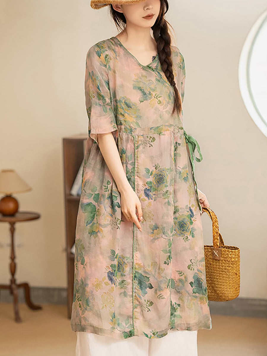 Women Summer Vintage Flower Strap V-Neck Ramie Dress AS1035