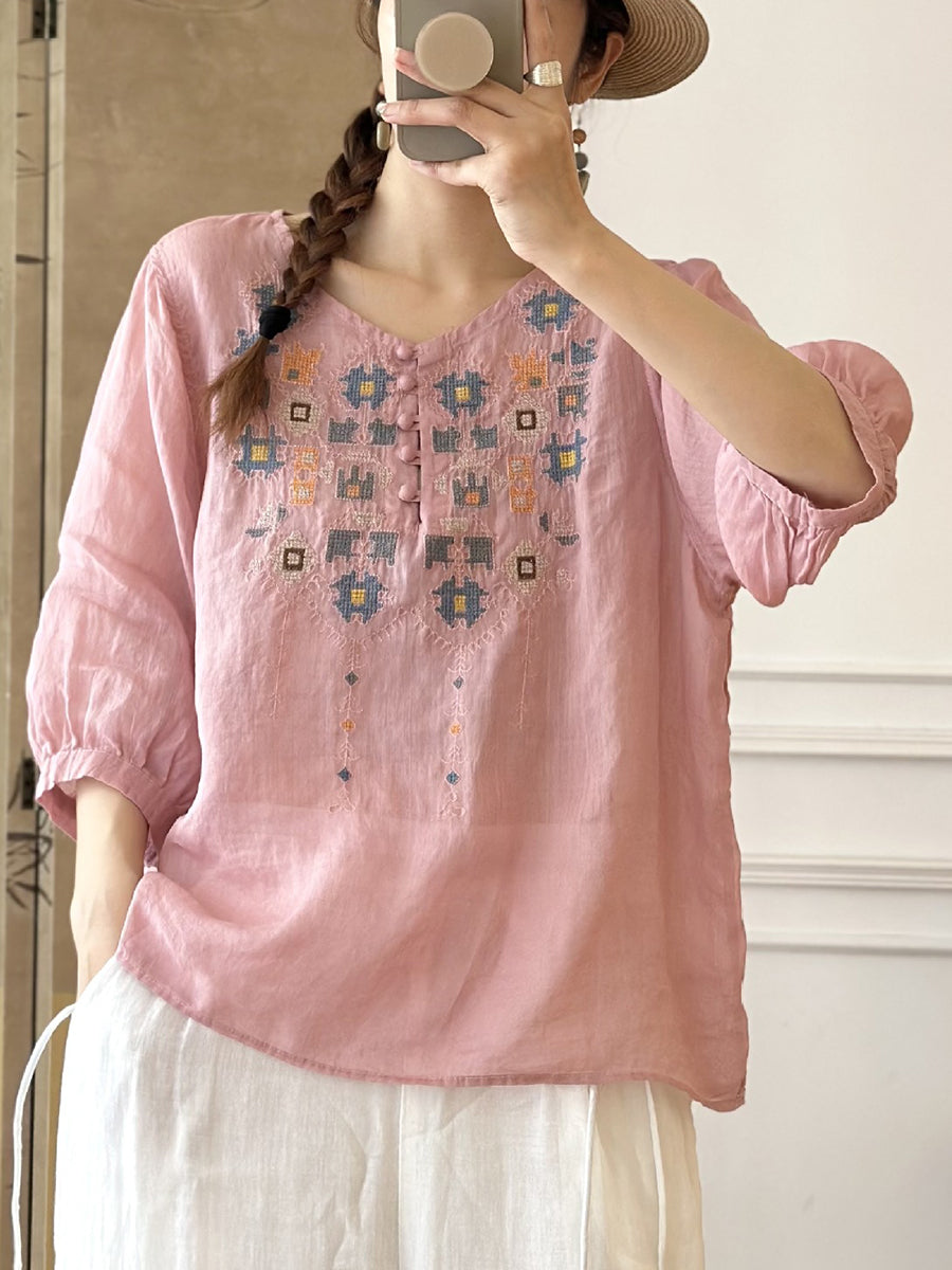 Women Summer Ethnic Embroidery Ramie Shirt AS1047