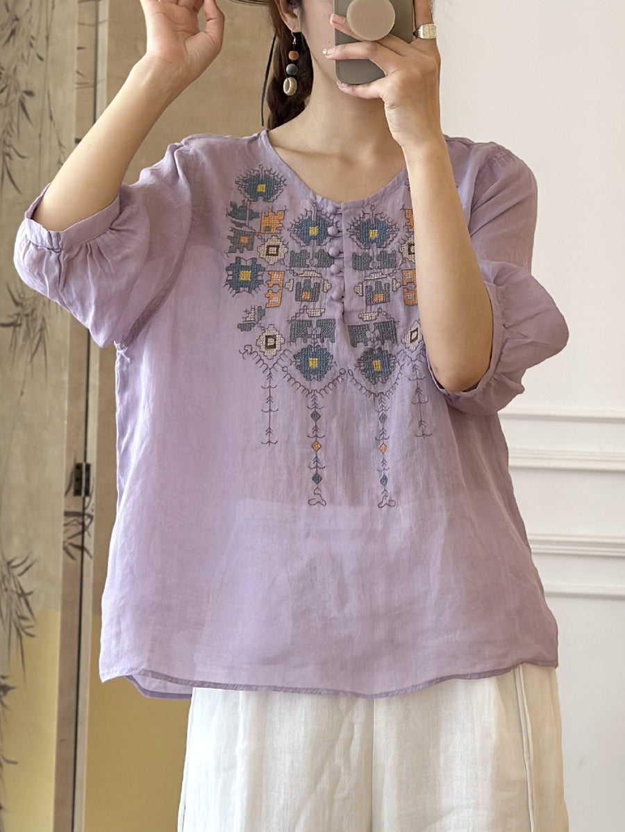 Women Summer Ethnic Embroidery Ramie Shirt AS1047