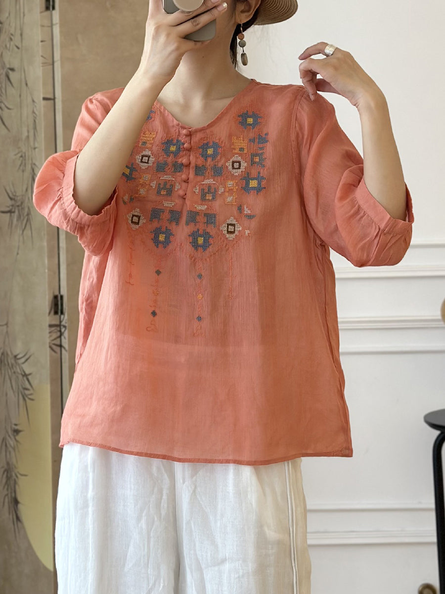 Women Summer Ethnic Embroidery Ramie Shirt AS1047