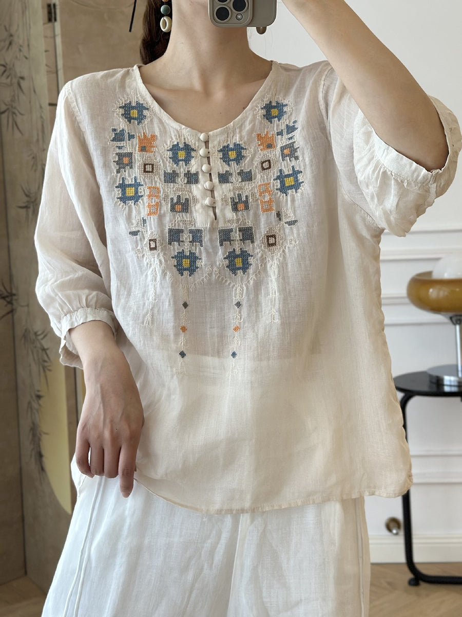 Women Summer Ethnic Embroidery Ramie Shirt AS1047