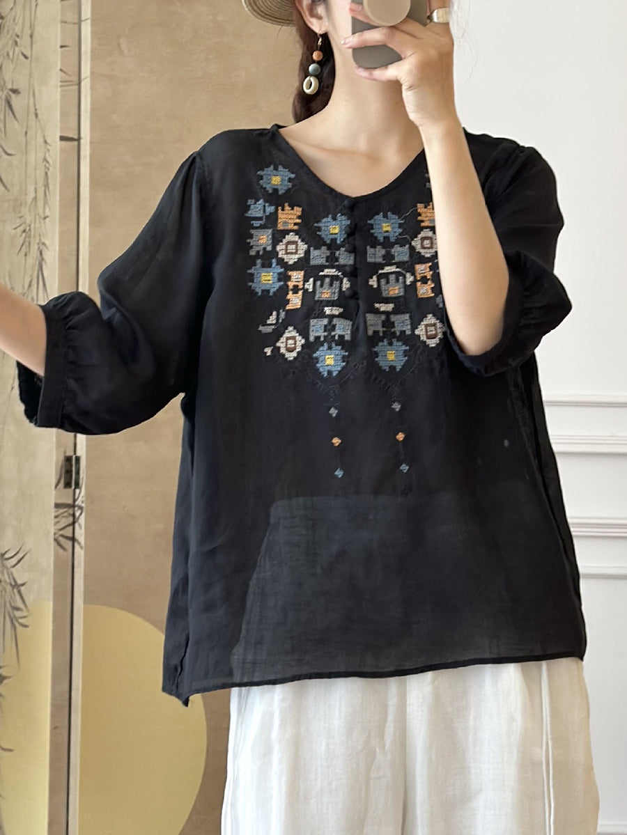 Women Summer Ethnic Embroidery Ramie Shirt AS1047