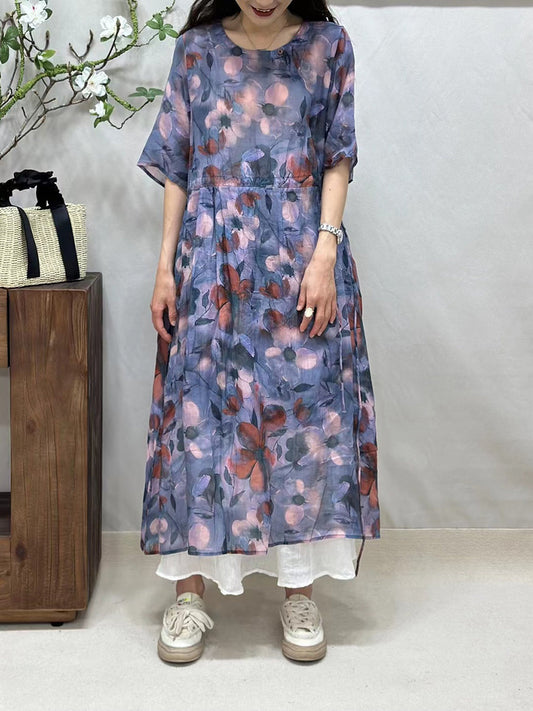 Robe d'été ample et fine en ramie à fleurs artistiques pour femmes FG1008