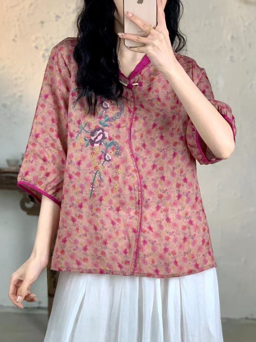 Women Summer Vintage Floral Embroidery Ramie Shirt FG1007