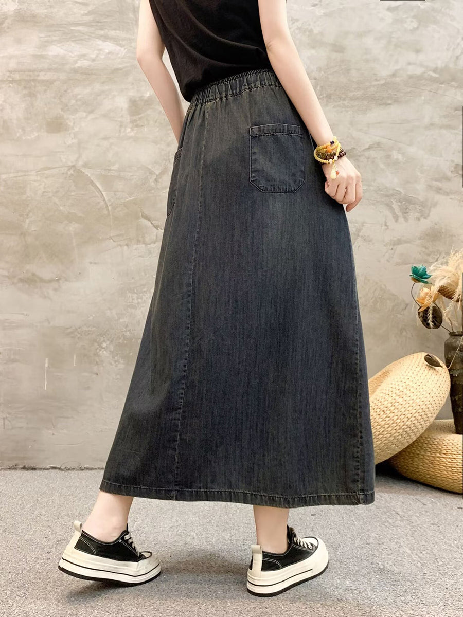 Women Summer Artsy Flower Embroidert Denim Skirt FG1009