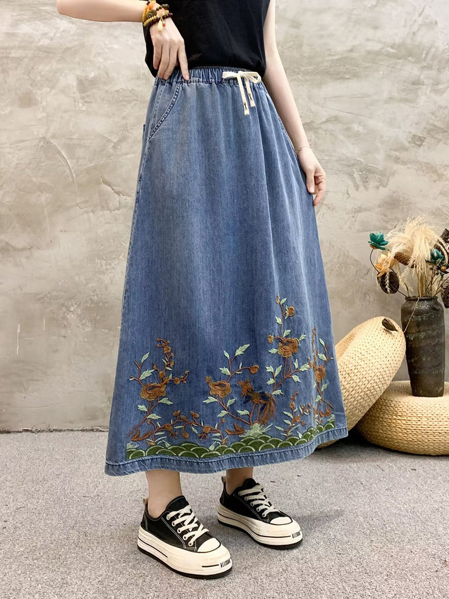 Women Summer Artsy Flower Embroidert Denim Skirt FG1009