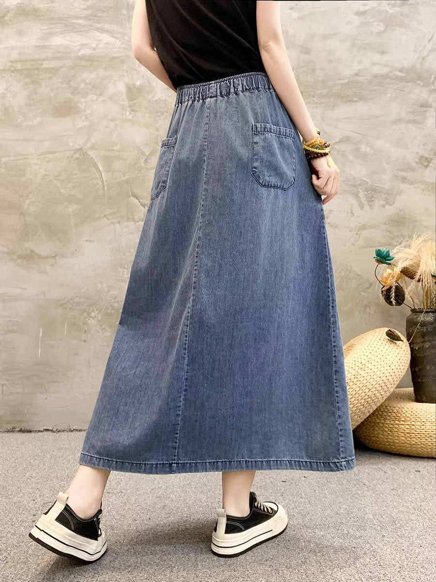 Women Summer Artsy Flower Embroidert Denim Skirt FG1009