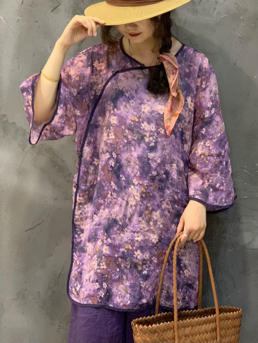 Women Summer Ethnic Flower Spliced Long Ramie Shirt FG1015