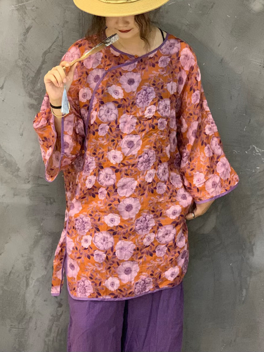 Women Summer Ethnic Flower Spliced Long Ramie Shirt FG1015