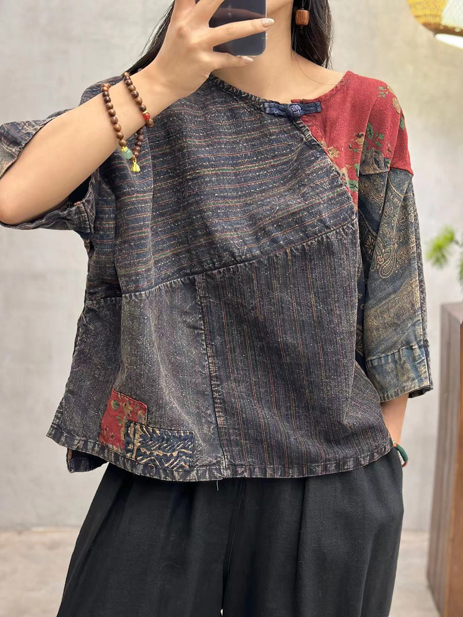 Women Summer Vintage Spliced Cotton Shirt FG1030