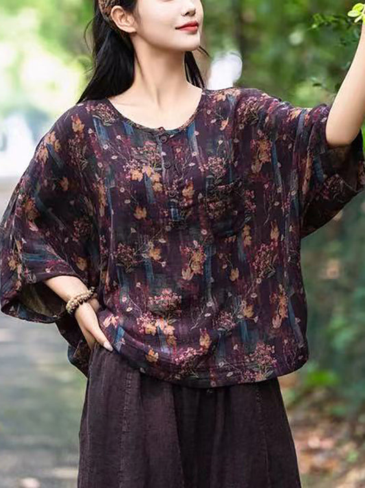 Women Summer Vintage Flower Loose Shirt FG1031