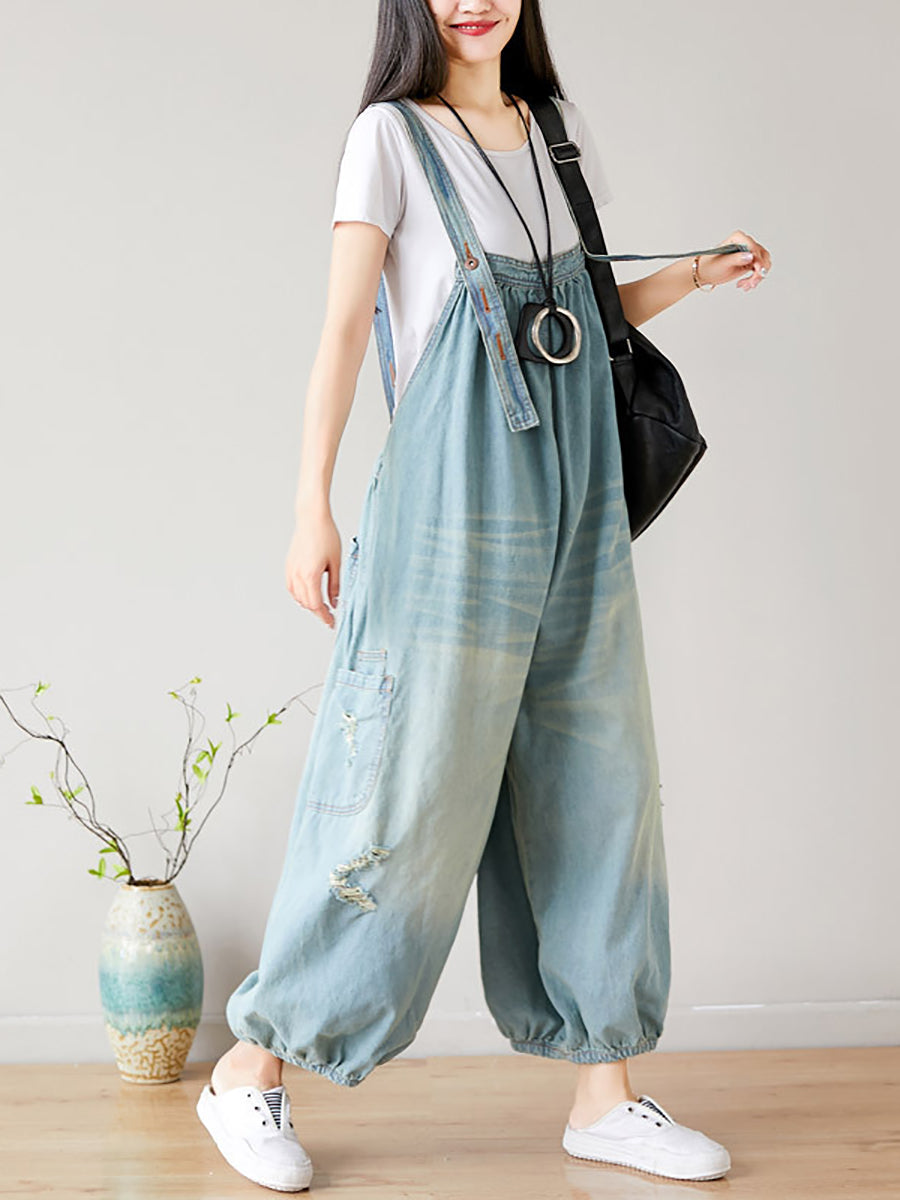 Women Summer  Retro Frayed Washed Denim Jumpsuits FG1034