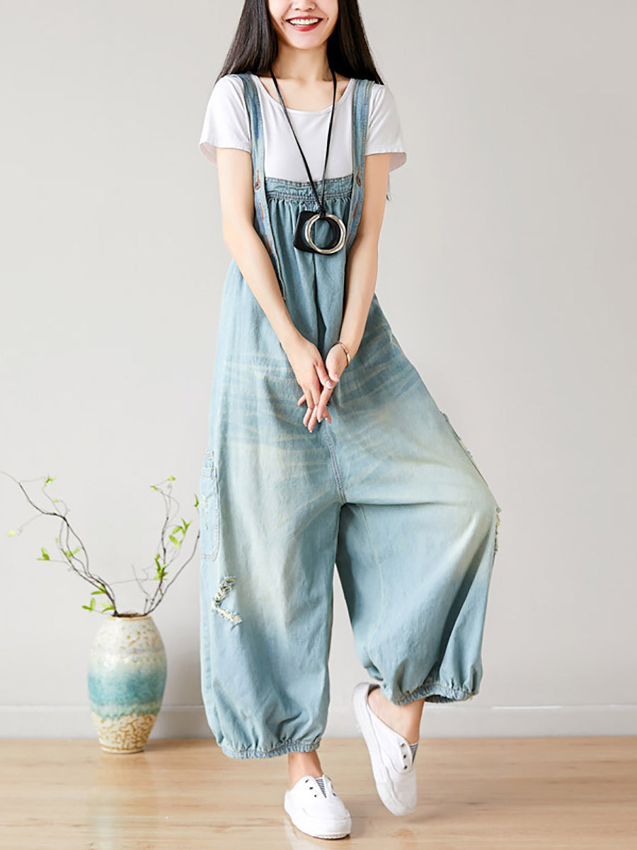 Women Summer  Retro Frayed Washed Denim Jumpsuits FG1034