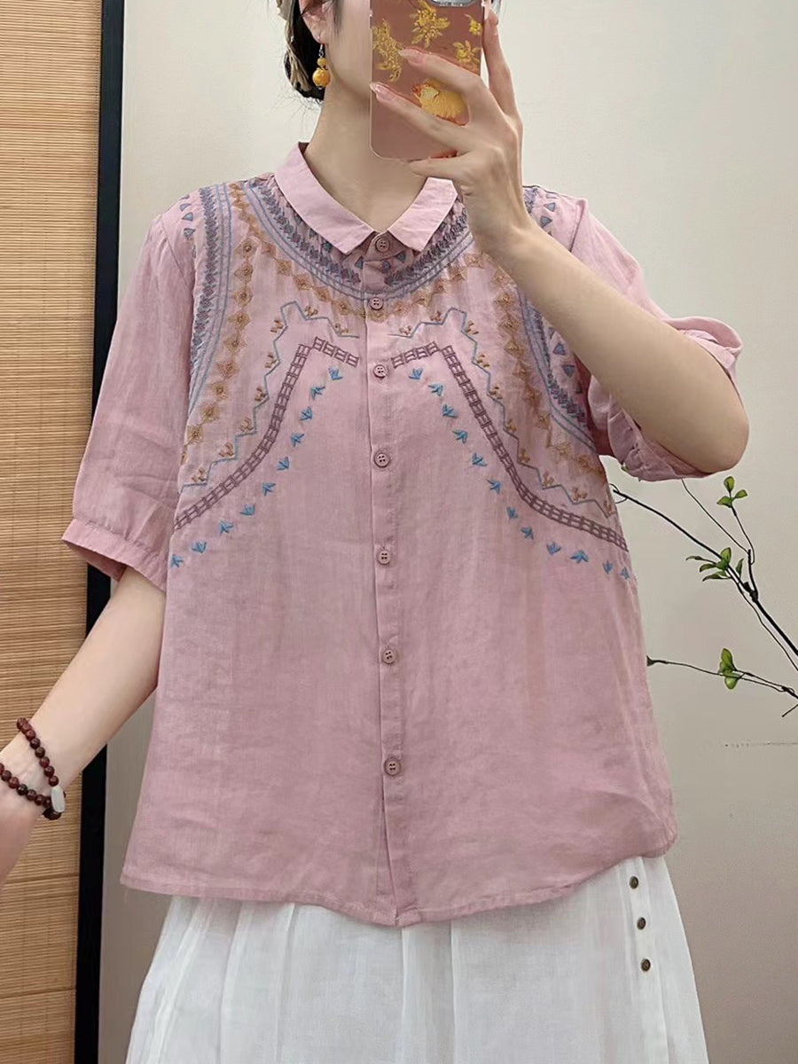 Women Summer Ethnic Embroidery Button-up Shirt FG1042