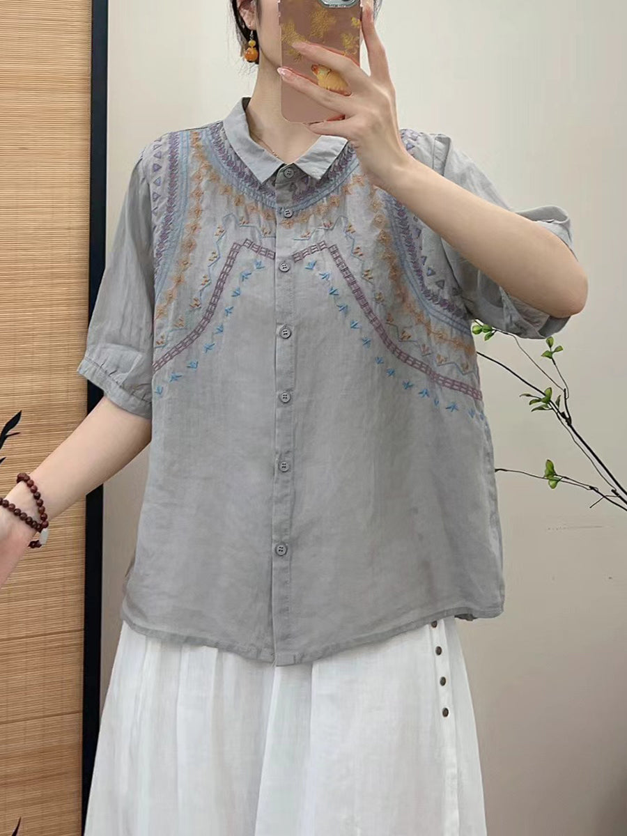 Women Summer Ethnic Embroidery Button-up Shirt FG1042