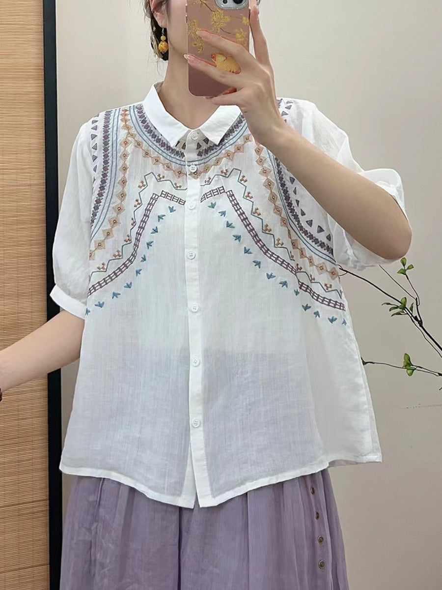 Women Summer Ethnic Embroidery Button-up Shirt FG1042