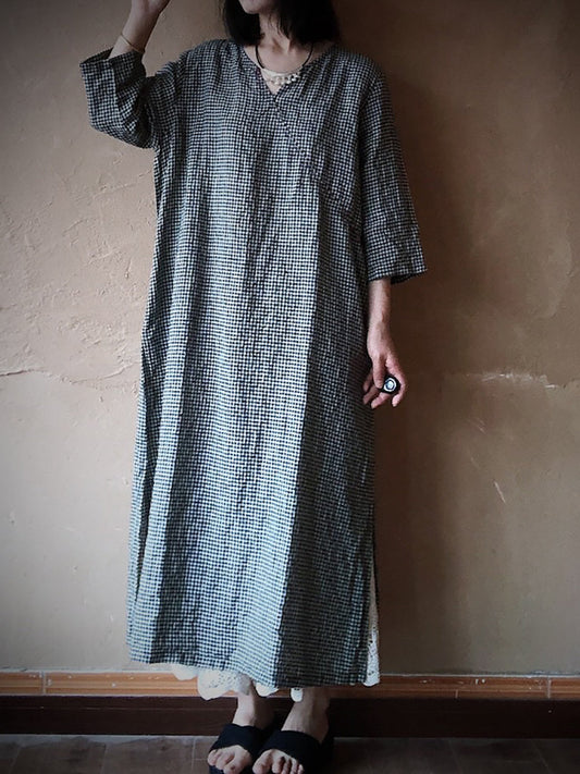 Women Vintage Lattice Summer V-neck Linen Loose Dress ZZ1016