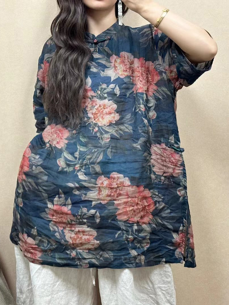 Chemise longue d'été en lin à fleurs vintage pour femmes ZZ1020