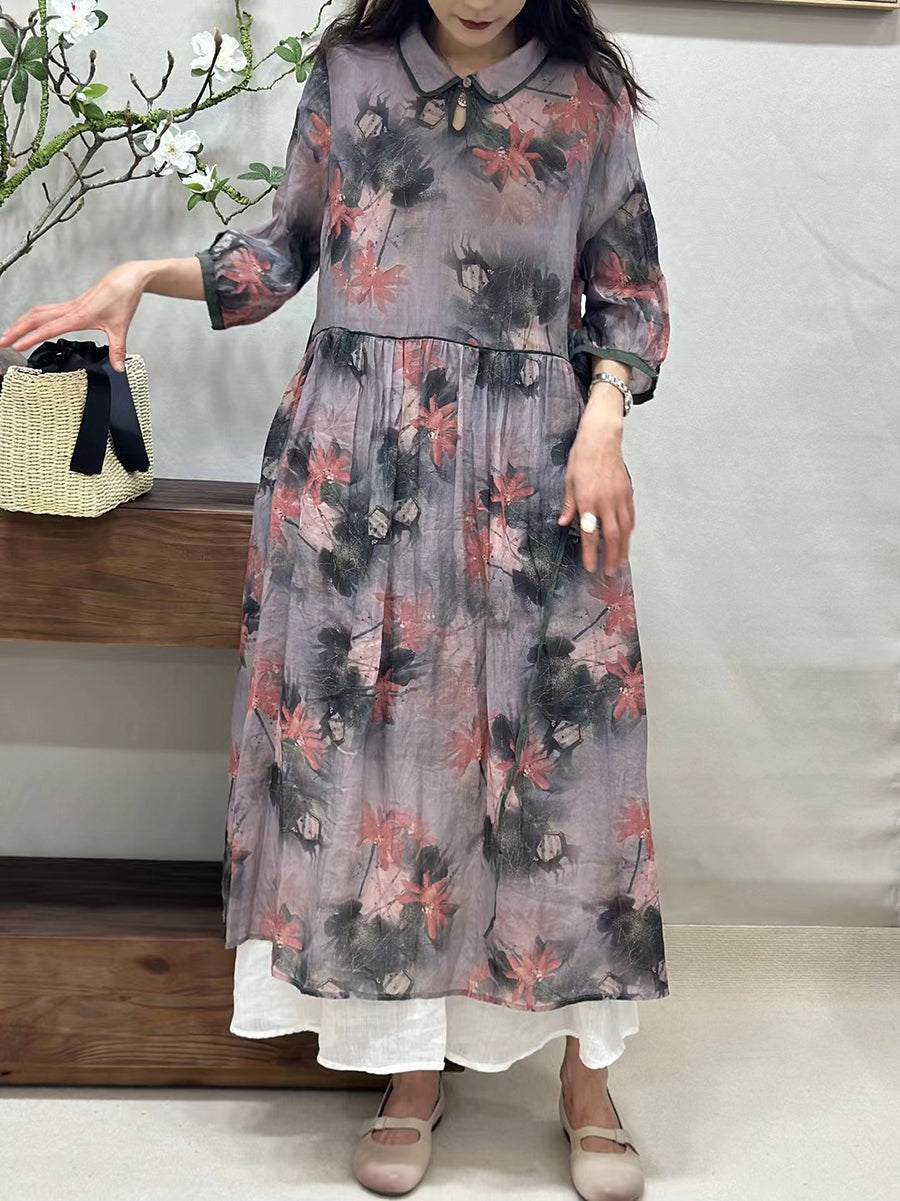 Women Summer Vintage Flower Turn-down Collar Ramie Dress BN1027