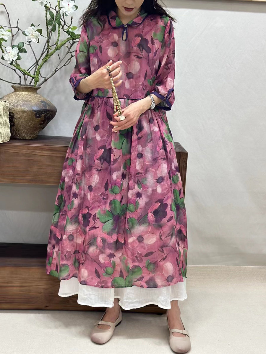 Women Summer Vintage Flower Turn-down Collar Ramie Dress BN1027