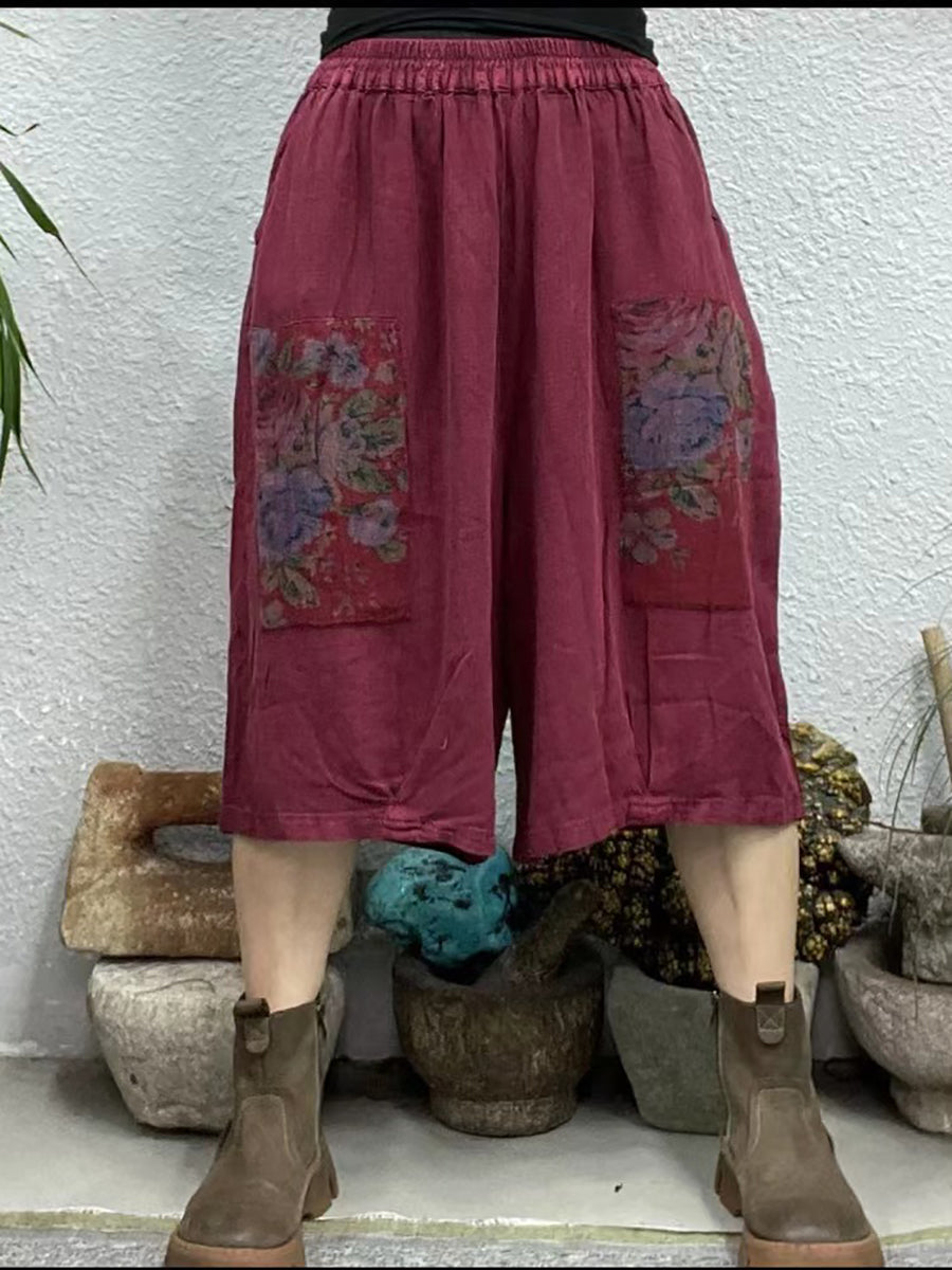 Women Summer Vintage Floral Spliced Claf-Length Pants ZZ1030