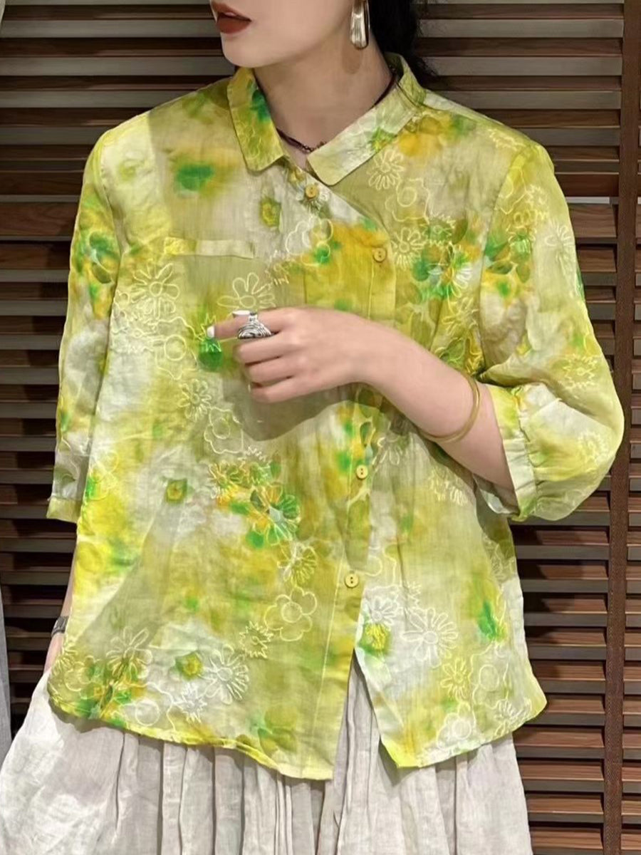 Women Summer Vintage Flower Slant Button-up Ramie Shirt ZZ1026