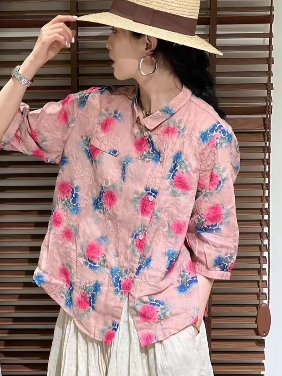 Women Summer Vintage Flower Slant Button-up Ramie Shirt ZZ1026