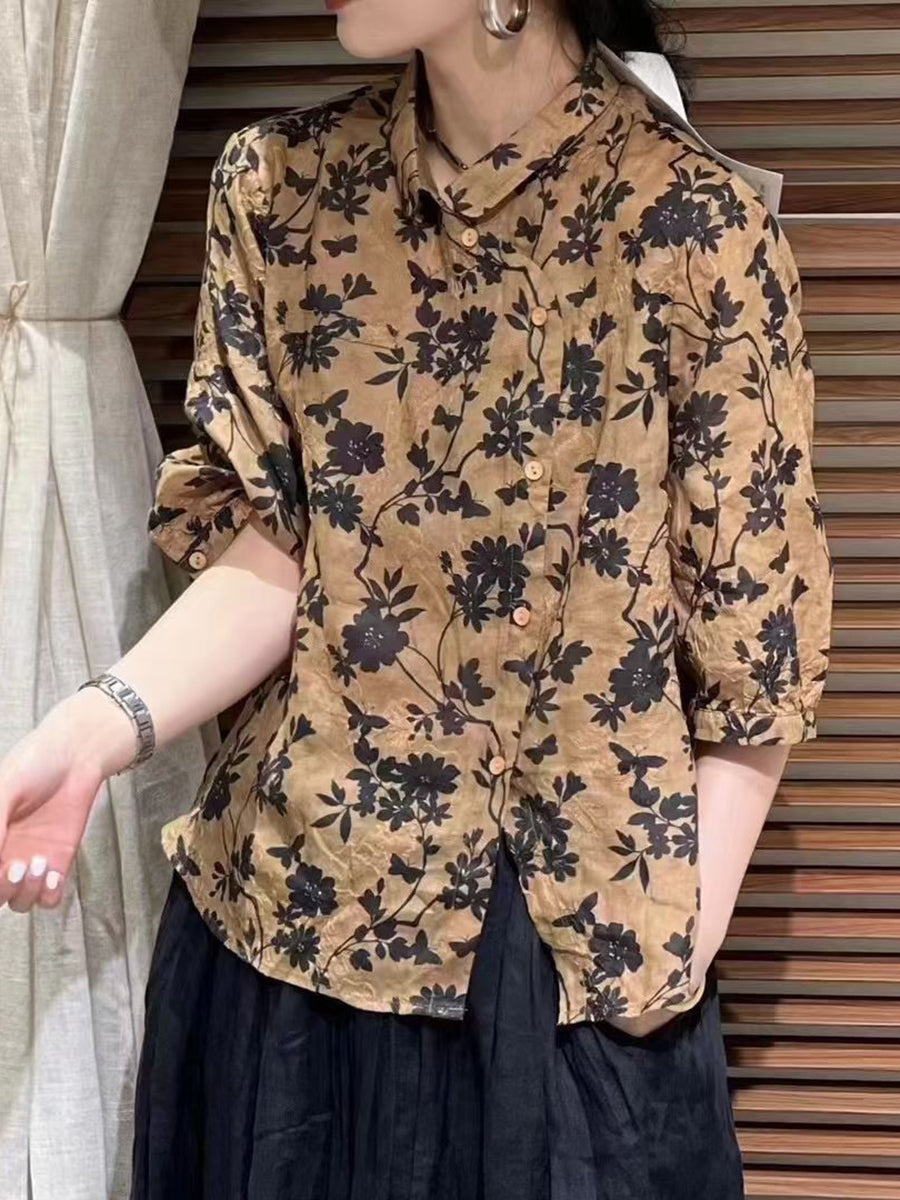 Women Summer Vintage Flower Slant Button-up Ramie Shirt ZZ1026