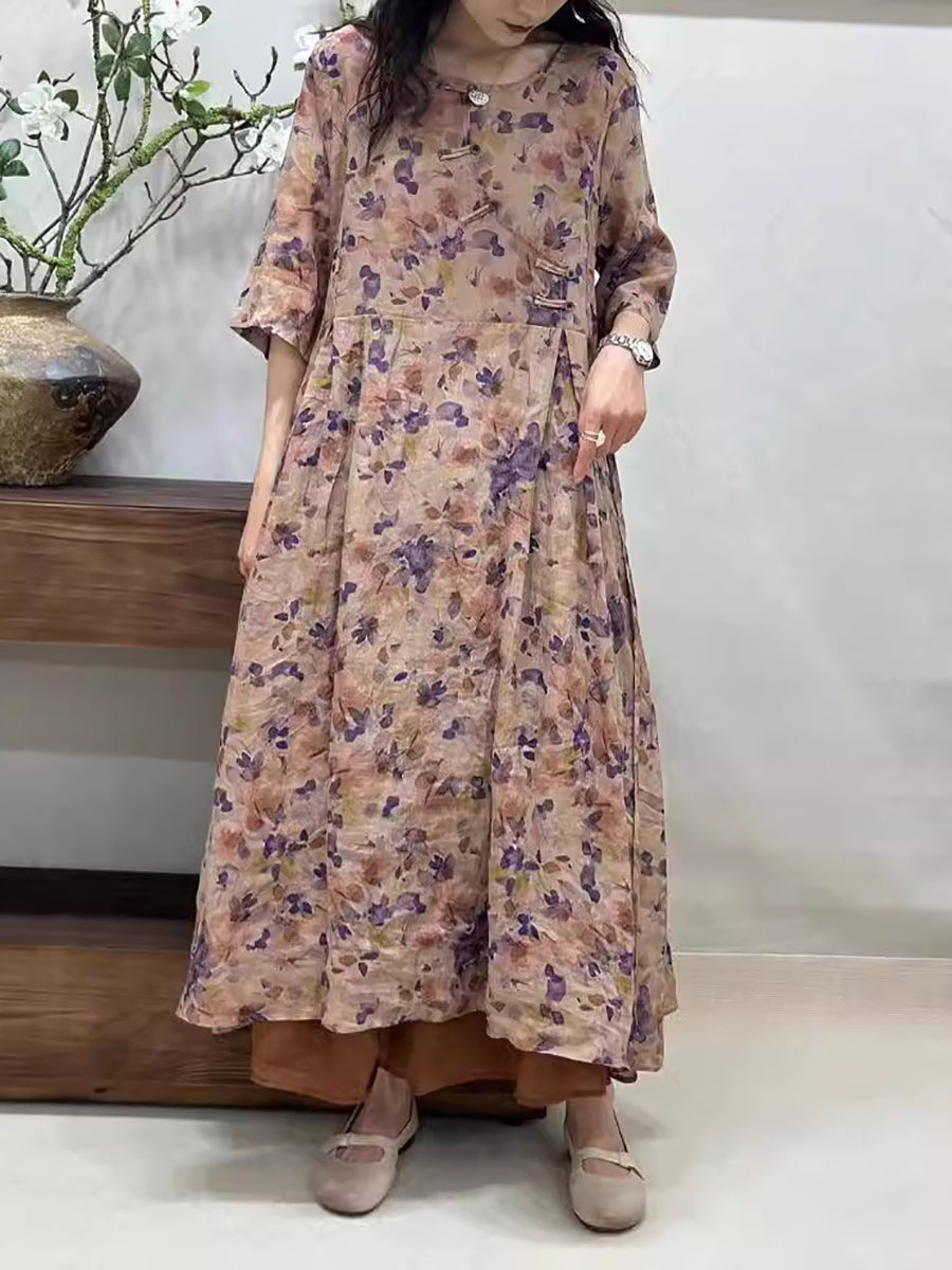 Women Summer Vintage Floral Buckle Ramie Loose Dress ZZ1032