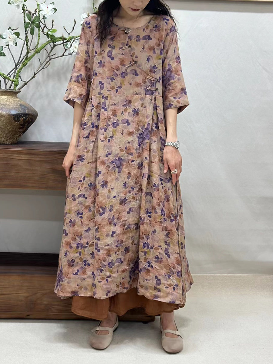 Women Summer Vintage Floral Buckle Ramie Loose Dress ZZ1032