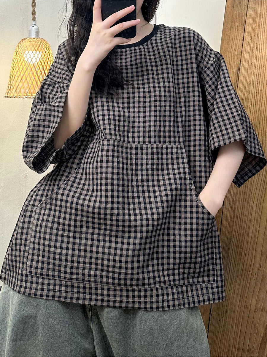 Chemise d'été en lin à carreaux vintage pour femme ZZ1043