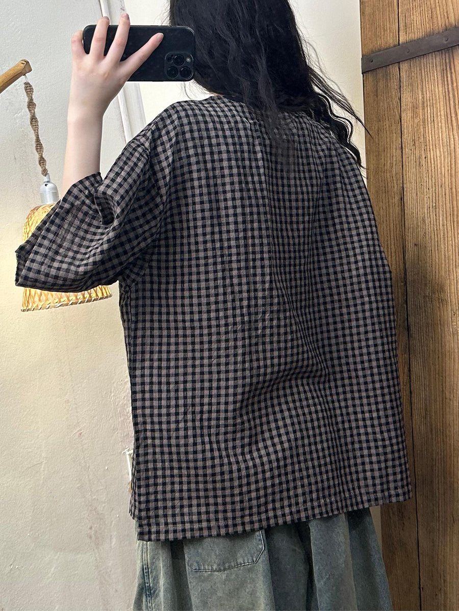 Chemise d'été en lin à carreaux vintage pour femme ZZ1043