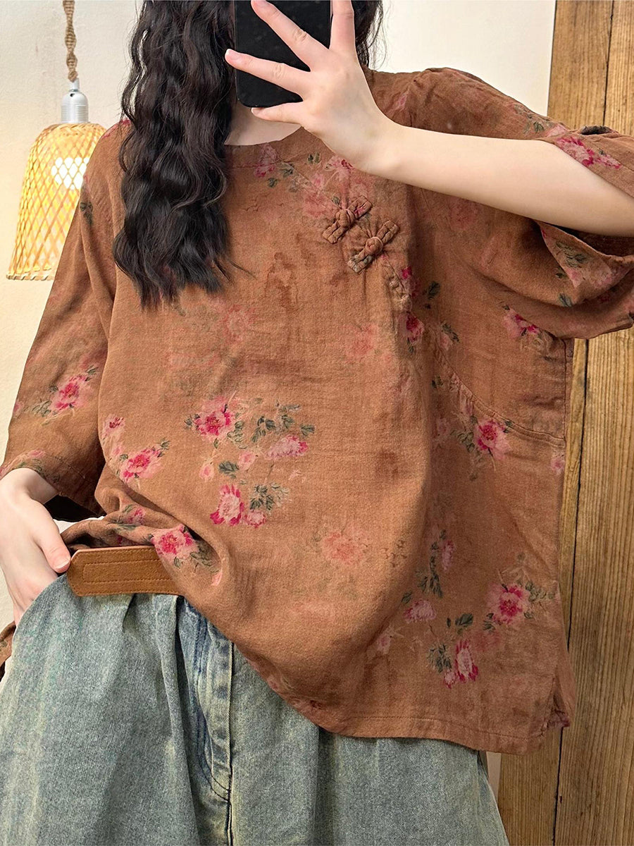 Women Summer Vintage Floral O-Neck Buckle Cotton Shirt BN1022