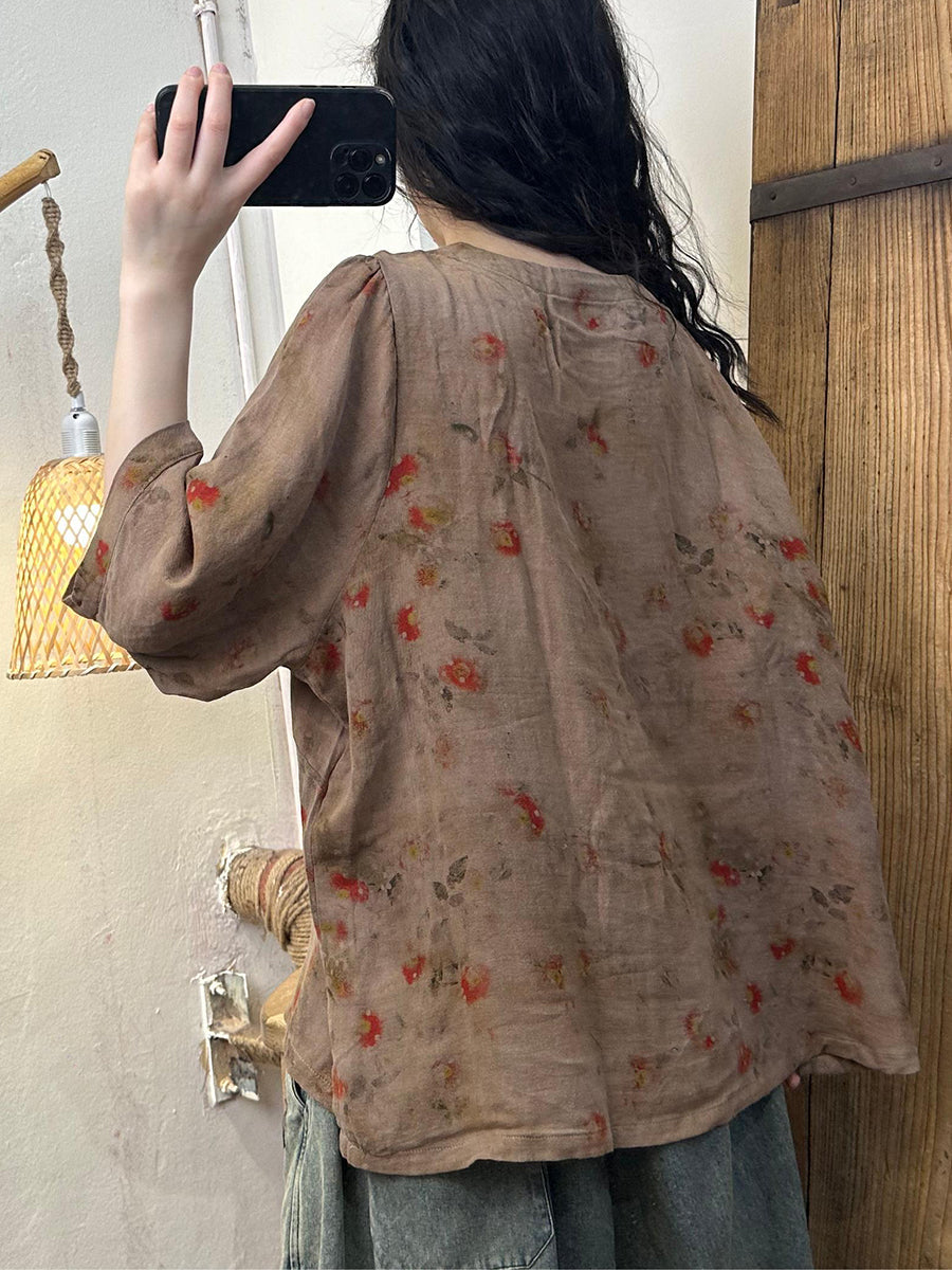 Women Summer Vintage Floral O-Neck Buckle Cotton Shirt BN1022