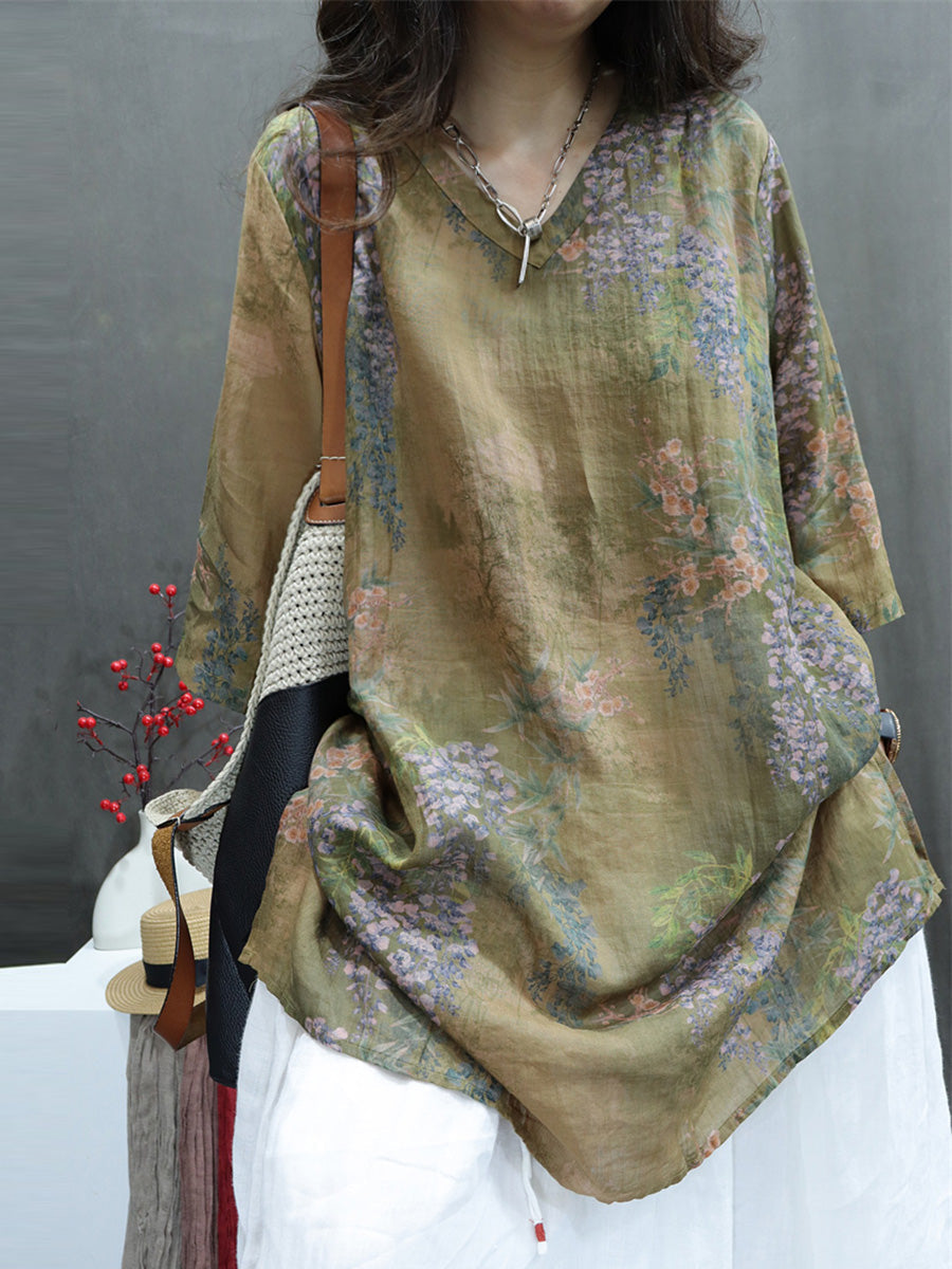 Women Summer Vintage Flower V-Neck Ramie Long Shirt BN1036